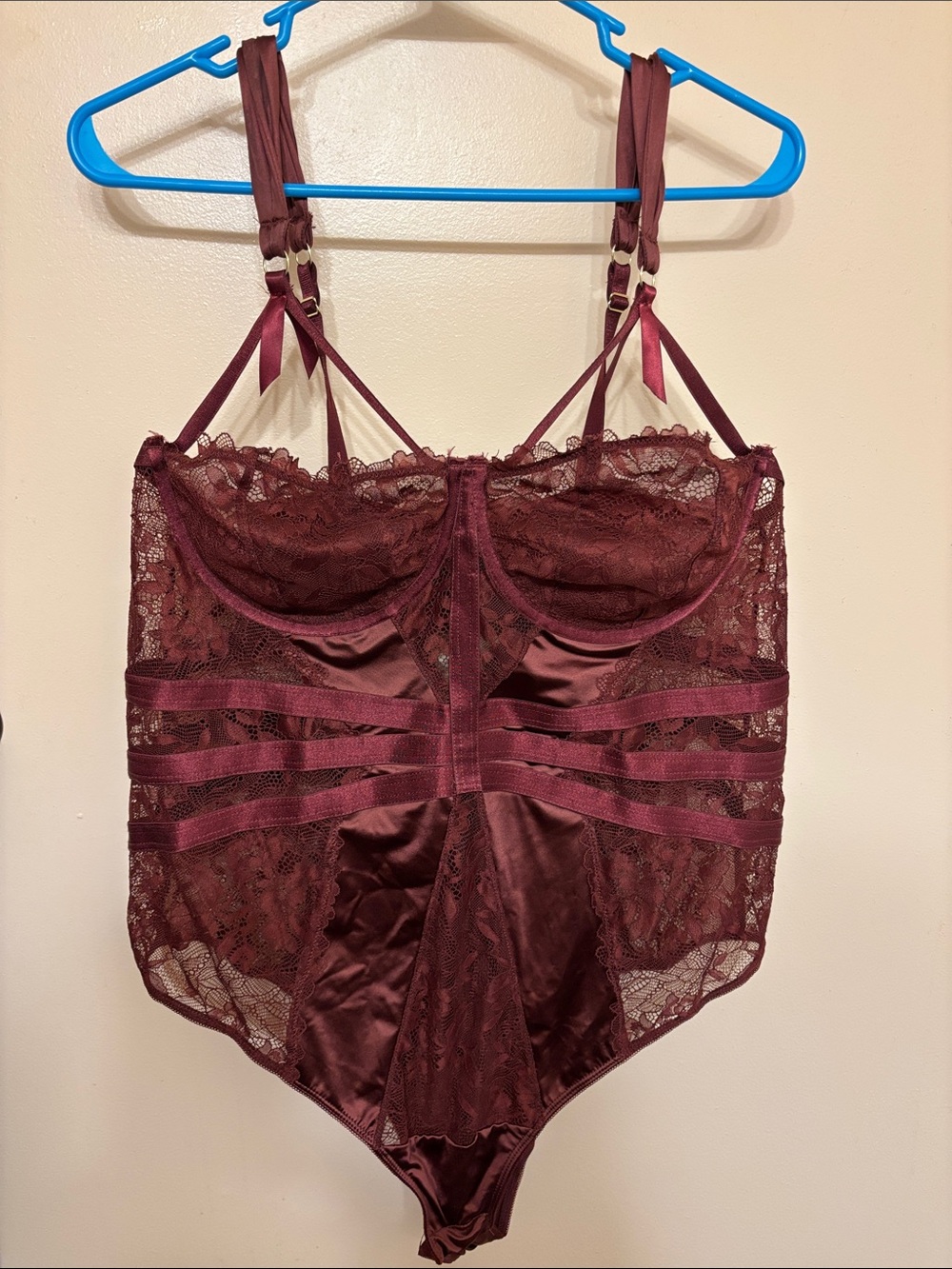 Sheer Lace & Satin Burgundy Bodysuit Shapewear